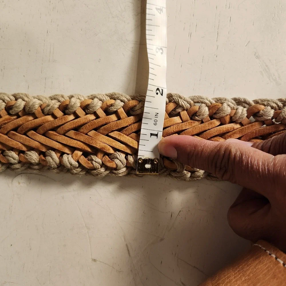 Boho Macrame Braided Leather Belt Tan Rope Chunky Brass Buckle Wide